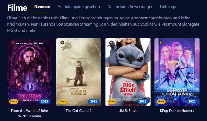 Screenshot der Filmpalast-Benutzeroberfläche die verschiedene Filmtitel und Serienepisoden anzeigt.